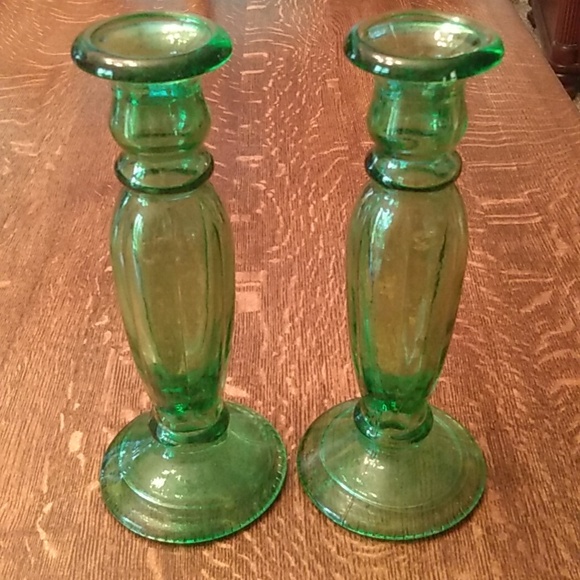 Vintage Green Glass Bud  Vase or Candlestick Holder (2) - Picture 1 of 9